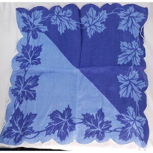 Vintage Linen Leaves Handkerchief Blue White Scalloped Edge